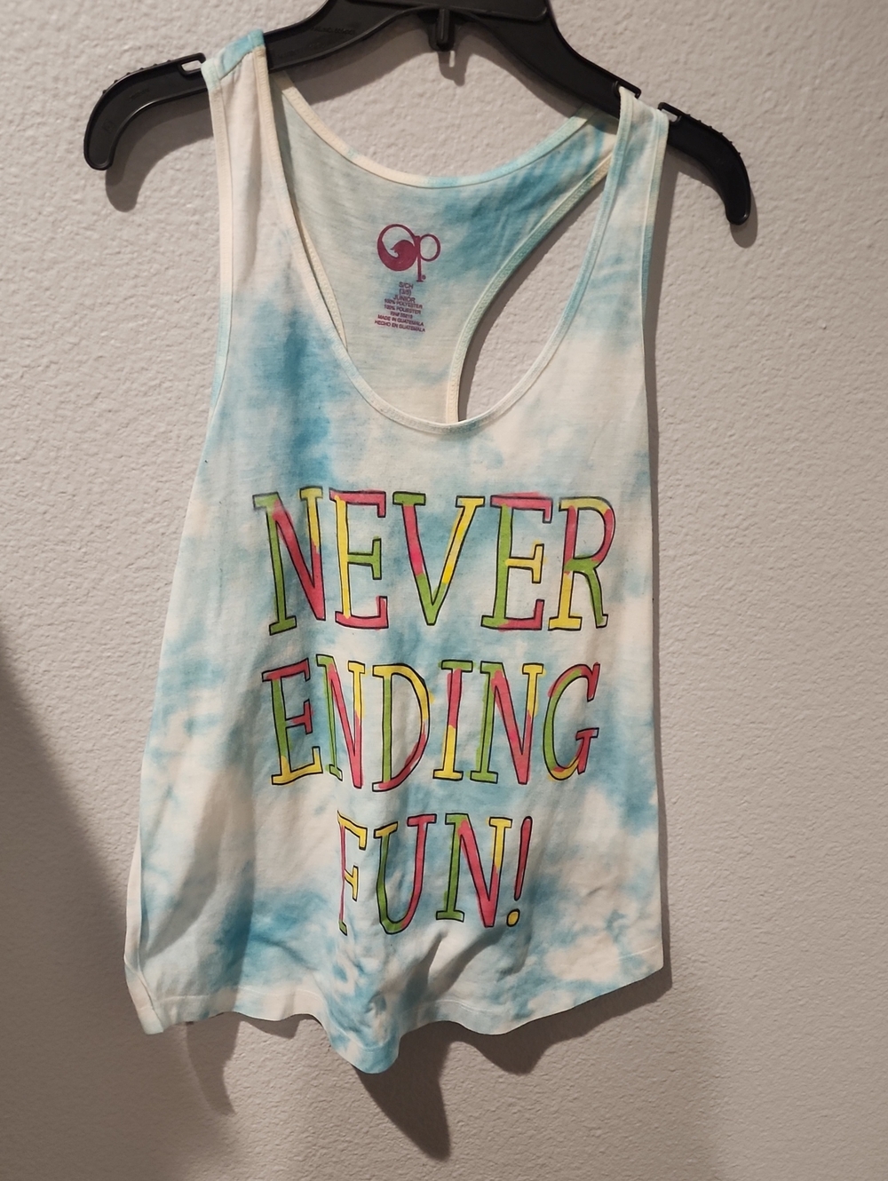OP Blue Tie-Dye Tank Top with Multicolor "NEVER ENDING FUN!" Graphic